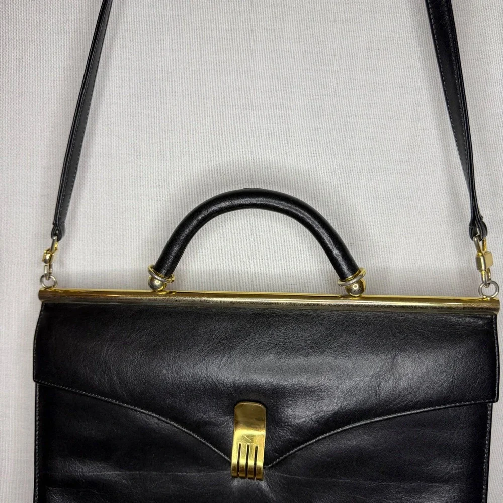 Vintage Black Leather Frame Handbag Gold Hardware Top Handle Shoulder Bag